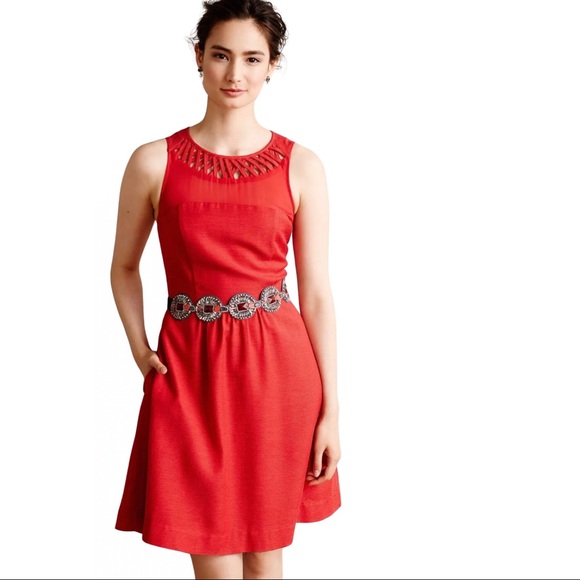 Anthro Maeve Lattice Neck Fit And Flare Skater Dress in Bright Red size 2 - Picture 15 of 15
